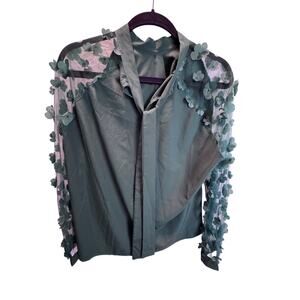 SHEIN Green Satin Blouse XL 3D Floral Mesh Long Sleeve Tie Neck Elegant Top
